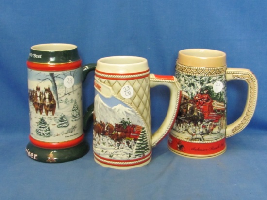 Budweiser Ceramic Mugs (3) – One Dated 1985 & 1991 – Tallest 7 1/8” T