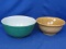 2 Vintage Bowls: Green appx 9” Pyrex -from rainbow set- & 8” Pottery w/ White Bands