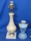 2 Lamp Bases for Electric Lamps 8 1/2” Blue Ceramic, 16” T White & Gold Frosted Glass w/ Marble Base