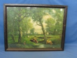Vintage Framed Color Litho Print of Cows in a Grove by a Stream  22” W x 17” T