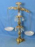 Vintage 70's Crytal & Brass Decorative Balance Scale 25” T x 14” W  Each Glass Pan is 6” DIA