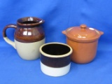 3 Misc. Pottery: Brown Drip Pitcher & Crock, Covered Glazed Red-Ware Pot