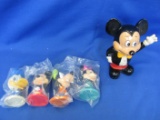 Mickey Mouse 6” T Plastic Bank (Korea) & 4 Disney Bobblehead? Figures 3” T (Kellogg's)
