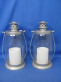 Pair of Battery Operated Flicker Candle Lanterns – Each 12” T x 6” DIA Base – Glass & Metal – Work