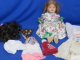 Vintage19 T  Doll – Composition.Green eyes, Open mouth,  1 Doll Wig & Doll Clothes
