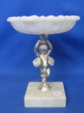 Cherub Candy Dish – 6 1/2” T 5” DIA  - Milk Glass Bowl on a metal angel on a block of marble