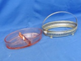 Pink Depression Glass Divided Oval Dish in Metal Basket (2 Pieces) Glass 8 1/2” L x 5” W X 1 1/2” D