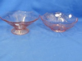 2 Pink Depression Glass Bowls , Each with cut Floral Design each  8 1/2” DIA – one pedestal (3” T)