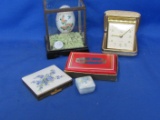 5 Assorted Small Items: Carved Egg Shell in Glass Box, 1” Trinket, Photos, Alarm & Cards