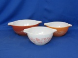 3 Vintage Pyrex Cinderella Bowls – 2 Wheat pattern & a Pink on White Gooseberry Pattern