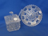 Vintage Cut Crystal Jelly Serving Pot w/ shell-shaped Spoon & 5 1/2” Dish w/ 3 drilled holes