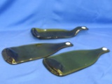 3 Melted Wine Bottle Decor Pieces – Green Glass 2 Flat 12” L x 4 3/4” W one Spoon Shape 12” L x 4 3/