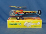 Helicopter Friction Tin Toy – Original Box – 10” L – China – Works – As Shown