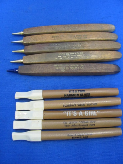 10 Cigar Pens & Mechanical Pencils – 5 Wood Pencils & 5 Plastic Pens – All have Advertising