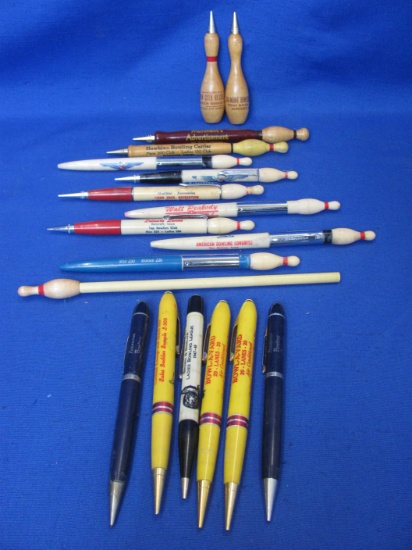 18 Bowling Pin /Bowling Advertising Pens & Pencils: 13 Mechanical Pencils, 4 Pens, 1 Wood Pencil