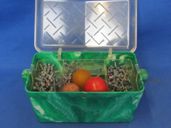 Vintage Plastic Sewing Case full of Jacks & Balls – Case is about 6” x 3 1/2”, missing clasp