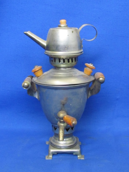 Small Vintage Metal Samovar – Wood Handles – Been Repaired/Cracked – 8 1/2” tall