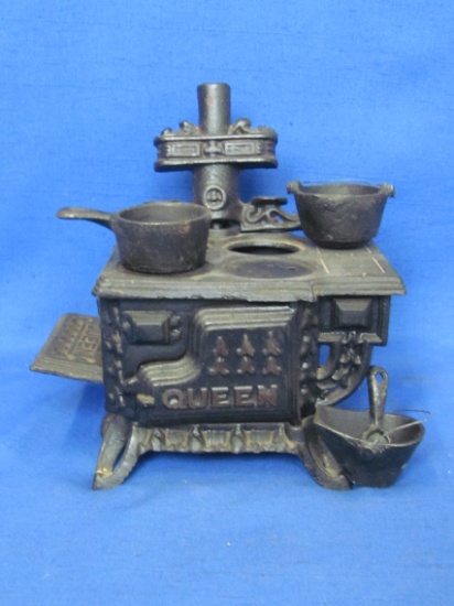 Cast Iron Toy Stove “Queen” with 2 Pots, Coal Bucket & Shovel – 6” tall – Missing 2 burners