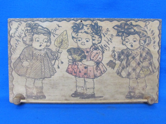 Cute Pyrography Wood Rack for Hair Ribbons – 3 Girls – About 11” x 6”