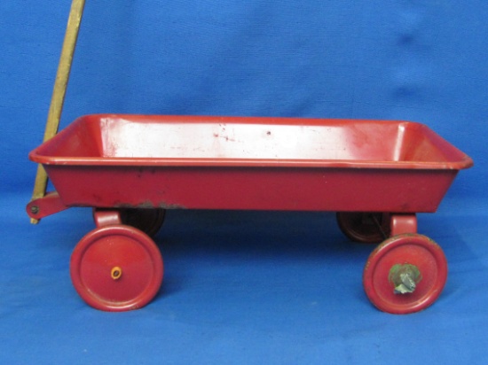 Small Vintage Red Metal Wagon – Wood Handle – Body is 14 1/2” x 9: - Some repairs at wheels