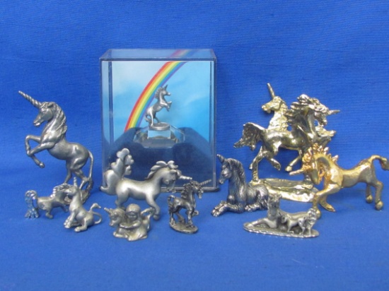 Lot of Miniature Metal Unicorn Figurines – Some are Pewter – 1 dated 1954 – Tallest is 2 3/4”