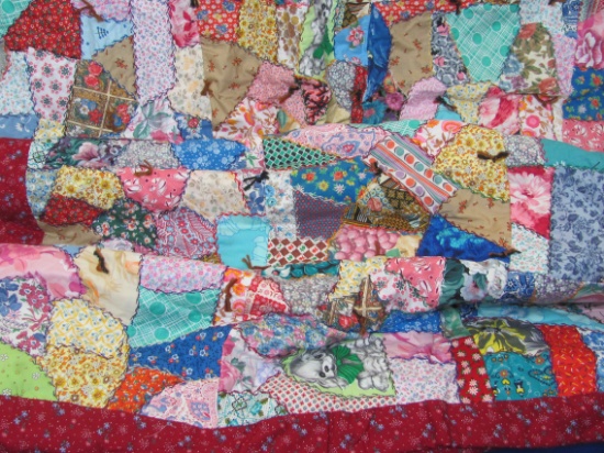 Colorful Handmade Crazy Quilt – All kinds of patterns including Puppies – About 98” x 168”
