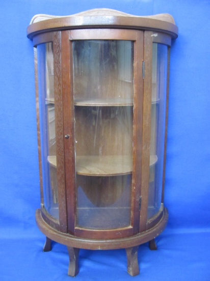 Small Curved Front Curio Cabinet – Wood & Glass – 23” tall – 13” wide – Some nicks & scratches