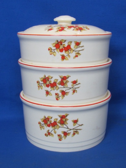 1940s Stacking Casserole Set by Universal Potteries – Bitter Sweet Pattern – 6 1/2” in diameter