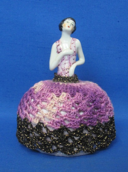 German Porcelain Half Doll Pin Cushion – Newer Crocheted Skirt – 5” tall