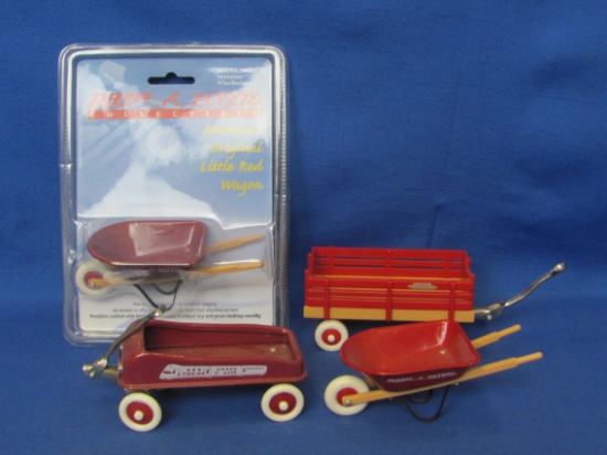 4 Mini Toys: Radio Flyer Wagon & 2 Wheelbarrows – Streak Lite Wagon – Bodies about 4” long