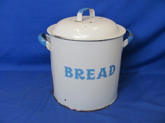 Enamel Ware Round Bread Box With Cover – 12 1/4” T – As Shown