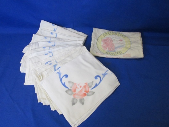 Lot Of (12) Stenciled Linen Napkins Featuring: “Rose & Scroll” In A Stockton Brand Cloth Flour Bag –