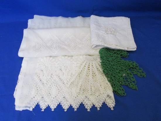 Vintage Lot (1) Laced Sheer 42”H x 56”L – (1) Crocheted Lace In Linen 32”L x 30”W – (2) 13” Doilies