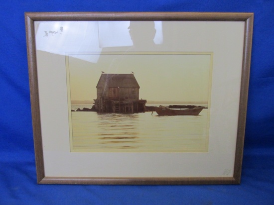 Framed Print Of Seaside Shanty & Dinghy 21”L x 17”H – Please Consult Pictures -