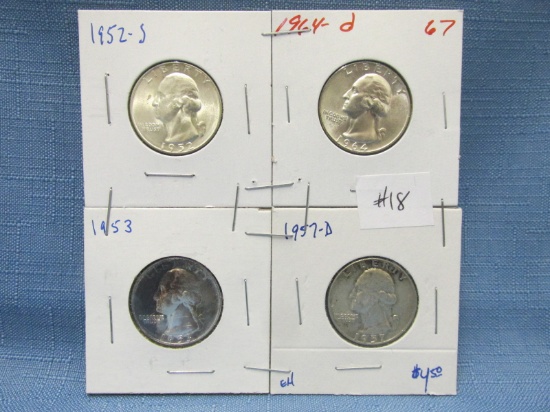 Four Silver Washington Quarters (52-S, 53, 57-D, 64-D)