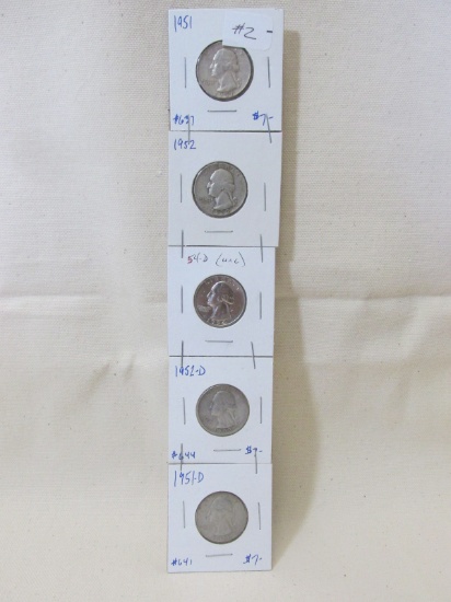 Five Silver Washington Quarters (51, 52, 54-D, 52-D, 51-D)