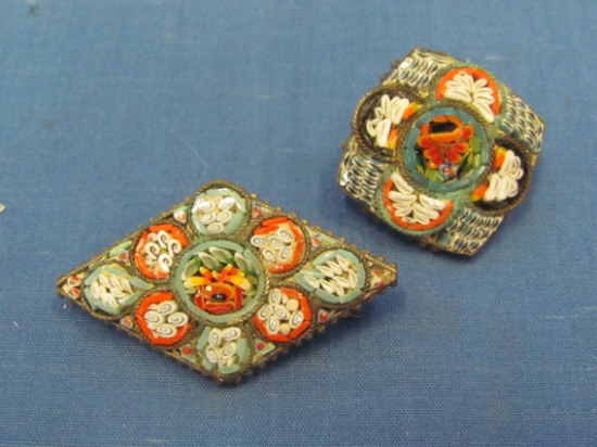 2 Vintage Micro Mosaic Pins/Brooches – Made in Italy – 1 has broken clasp – Larger is 1 1/2” wide