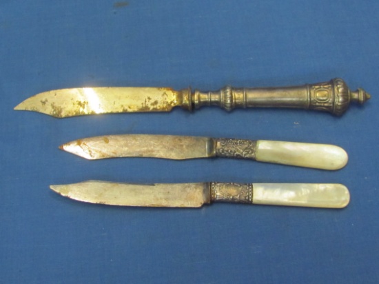 3 Vintage Knives – 1 with .830 Silver Handle – 2 w Mother of Pearl & Sterling Silver Ferrules