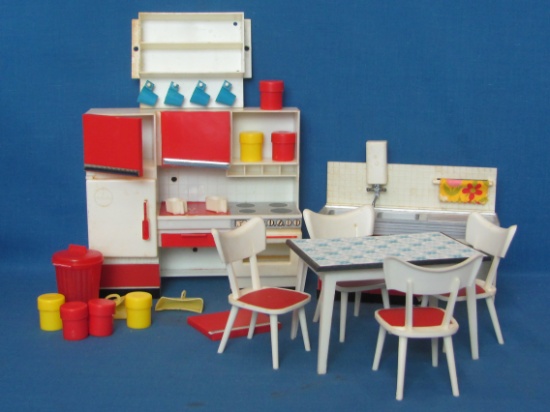 Vintage Plastic Dollhouse Kitchen Set – Modella – Table is 4 1/2” x 2 7/8” - Some accessories