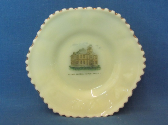 Custard Glass Plate “Public School, Hanley, Minn.” - 5 3/4” in diameter