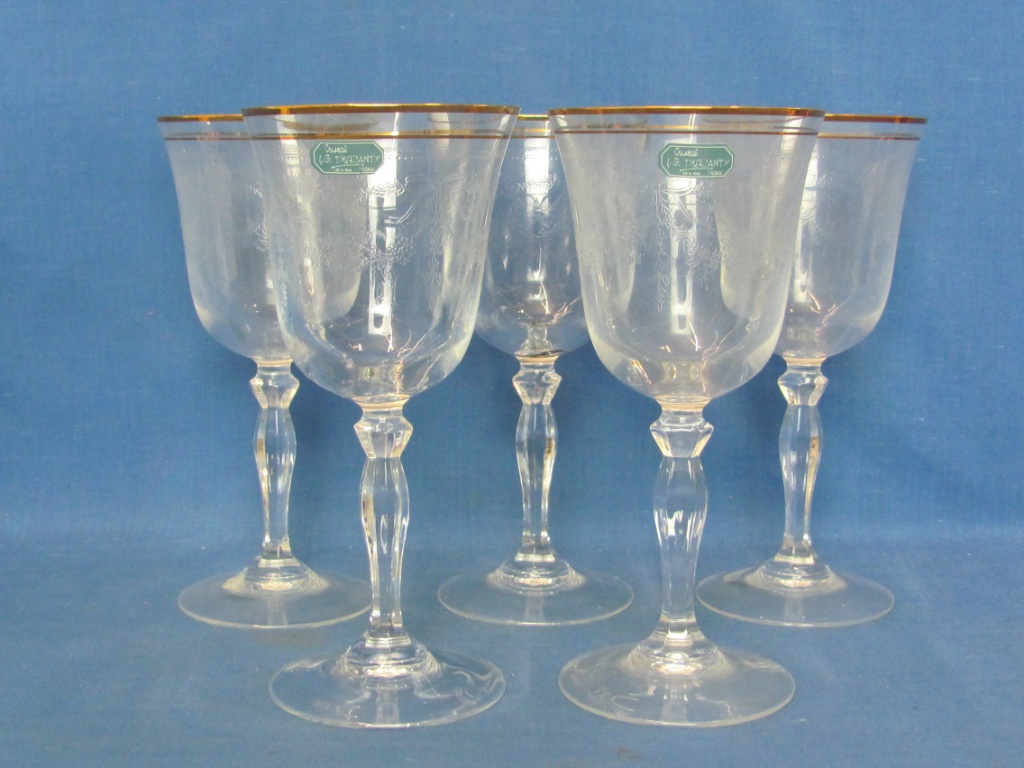 Set of 5 Crystal Water Goblets by J.G. Durand – Ventoux Pattern – Gold Trim  – 7 3/8” tall | Art, Antiques & Collectibles Glass & Pottery Glass  Glassware & Serving Dishes | Online Auctions | Proxibid