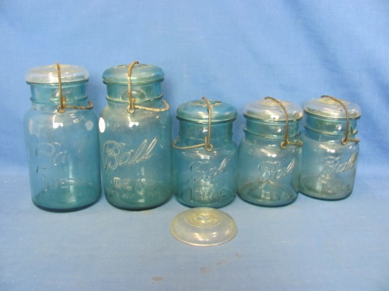 Ball Ideal Blue Canning Jars (5) – Some With White Covers – Tallest 7 1/4” -