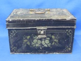 Vintage Tin Metal Box – Black w Gold Stencil – Latch – Old Spice Box? 9” x 6” - 5 1/2” tall
