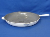 Le Creuset Cast Iron Enamel Pan – Damage in Center – 12 1/4” in diameter – White & Grey