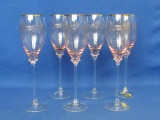 Set of 6 Long Stemmed Etched Pink Crystal Wine Glasses – Bohemian Glass – 8 1/4” tall