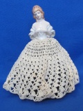German Porcelain Half Doll Pincushion – Crocheted Skirt – 7” tall – Good condition