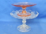 2 Small Dessert Stands – Pink is 5 1/4” in diameter – Clear one is 4” tall