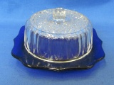 Small Glass Butter Dish – Square Cobalt Blue Base & Clear Round Top – 5” square