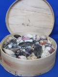 Wood Cheese Box Full of Sea Shells – Box is 10 1/2” in diameter & 3 1/2” tall – Heavy