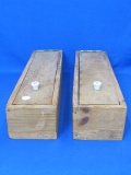 2 Long Narrow wood Boxes with Hinged Lids & Porcelain Knobs – 17 1/2” x 4 1/4” x 3 1/4”